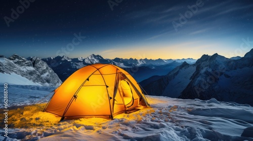 Camping tent in the mountains at night