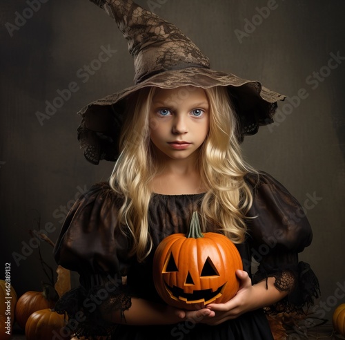 Halloween Portrait blonde girl in witch costume with pumpkin