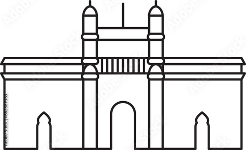 Simple black flat outline drawing of the Indian historical landmark monument of the GATEWAY OF INDIA, MUMBAI