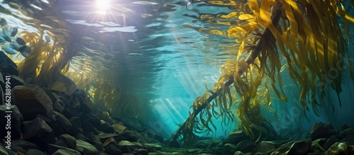 Giant kelp in a dense underwater forest and diverse marine life thrives in California s Channel Islands National Park With copyspace for text photo