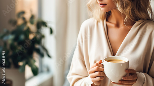 A young woman in soft cozy home clothes holds mug of hot coffee in her hands. Psychological health, harmony