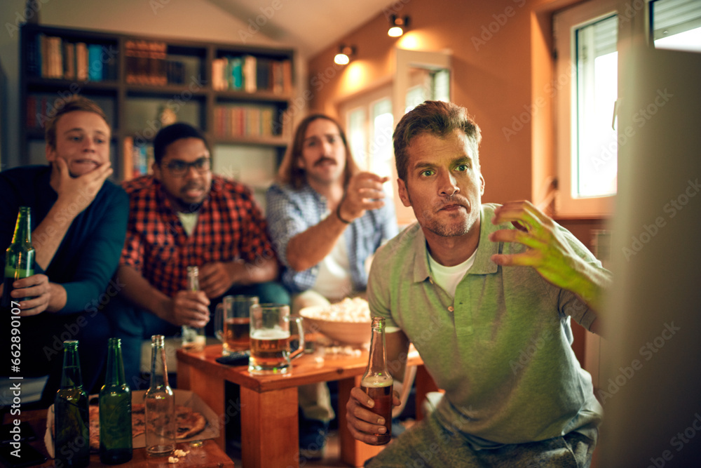 Young and diverse group of friends getting nervous during an intense soccer or football match on tv - obrazy, fototapety, plakaty 