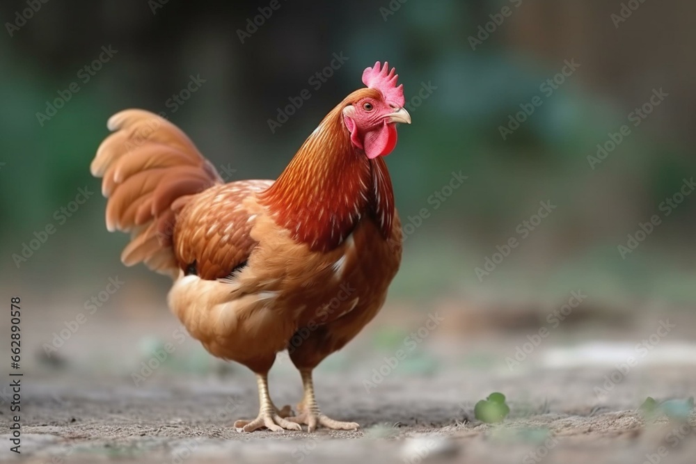 Red chicken on a farm, hen in a free range. Chicken walking in the yard. Generative AI