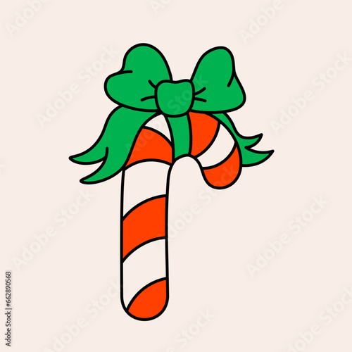 Retro style cartoon candy cane. Groovy vintage 70s red candy cane with green ...