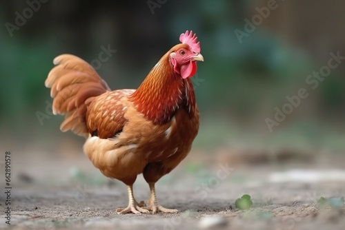 Red chicken on a farm, hen in a free range. Chicken walking in the yard. Generative AI