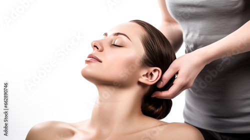 A woman receiving a neck massage for an injury in a spa setting.