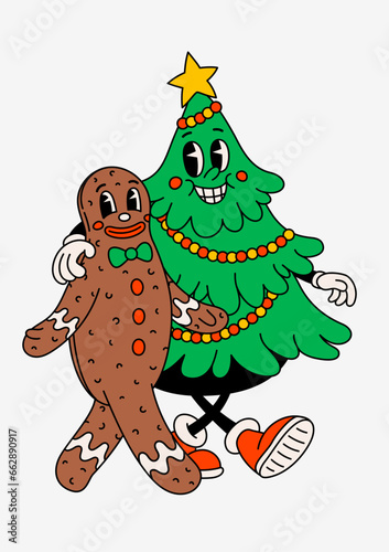 Retro cartoon gingerbread and Christmas tree . Groovy vintage 70s funny fir tree and cookie characters walking arm in arm