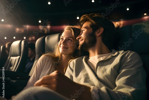Couple in love watching movie in cinema.