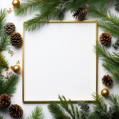 Beautiful Christmas composition, background. Christmas decor, pine cones, fir branches, balls and ornaments on white background. Flat lay, top view.Christmas composition.Copy space. Mock up.