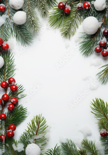 Beautiful Christmas background, composition. Christmas decor, pine cones, fir branches, red berries and ornaments on white background. Flat lay, top view.Christmas composition.Copy space. Mock up.
