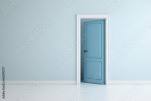Closed door with a white background and copy space. Blue wallpaper and a parquet floor decorate an empty room. Illustration of minimalist interior design. Generative AI © Sona