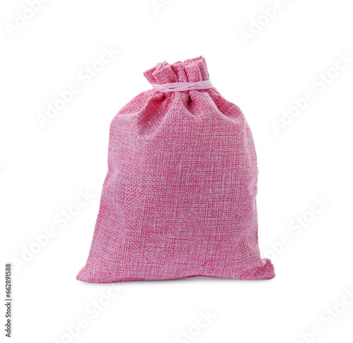 One pink burlap bag isolated on white