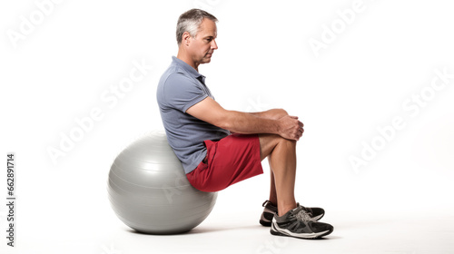 A man with a leg brace uses an exercise ball to strengthen his muscles in the image.