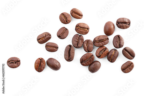 Many roasted coffee beans isolated on white  top view