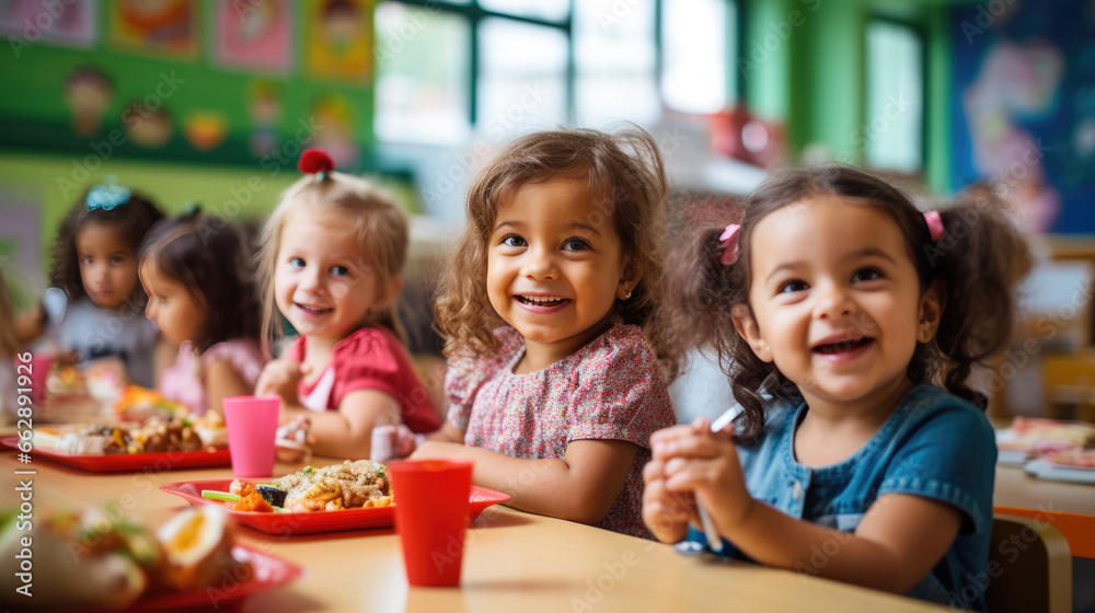 Group of preschoolers sitting in the school cafeteria eating lunch. Group of preschoolers sitting in the school cafeteria eating lunch.