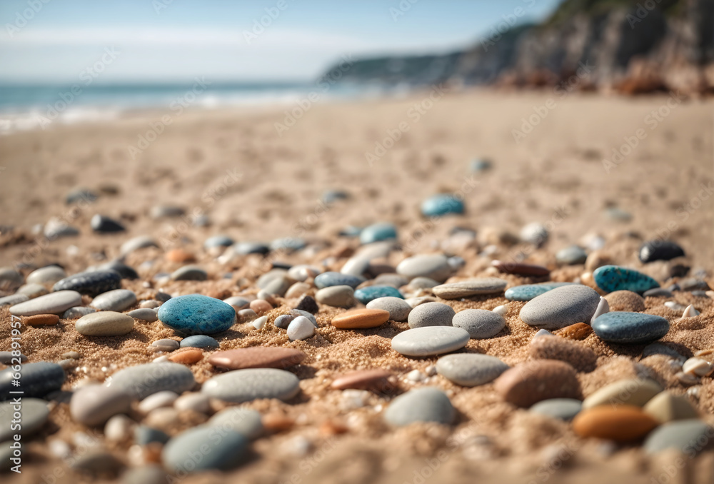 pebbles on sandy beach with blurred blue sea and sky background. pebbles on sandy beach with blurred blue sea and sky background.