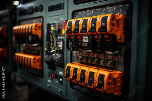 A series of switches and circuit breakers in an electrical control panel, ensuring the safe operation of machinery. Concept of electrical safety. Generative Ai.