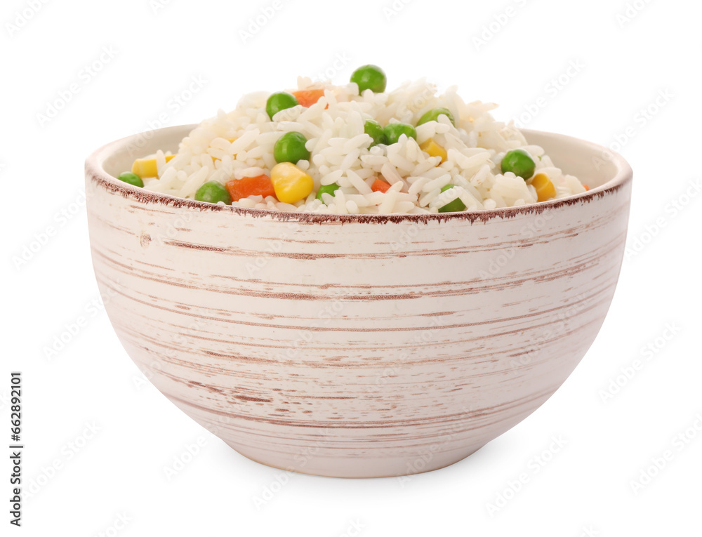 Bowl of delicious rice with vegetables isolated on white Bowl of delicious rice with vegetables isolated on white