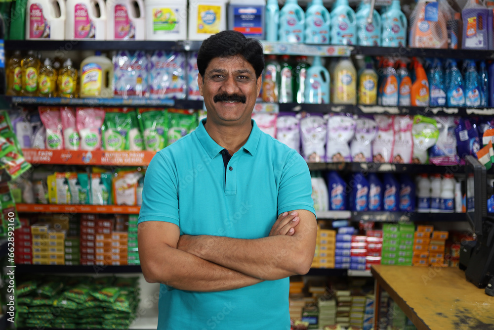 Portrait of Happy and smiling Indian man purchasing in a grocery store. Buying grocery for home in a supermarket. Confident and fit man in moustache.