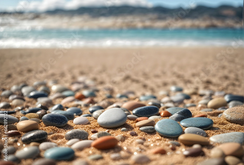 pebbles on sandy beach with blurred blue sea and sky background.