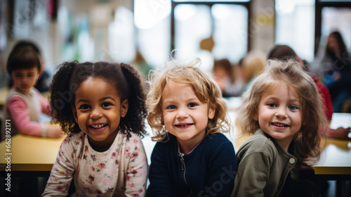 Group of little preschoolers sits at a desk in background of class