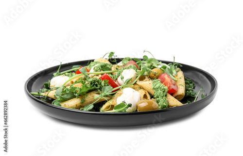 Delicious pesto pasta salad isolated on white