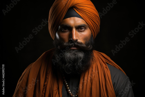 A Sikh man donning a turban as a symbol of his commitment to justice, equality, and devotion. Concept of religious identity. Generative Ai.