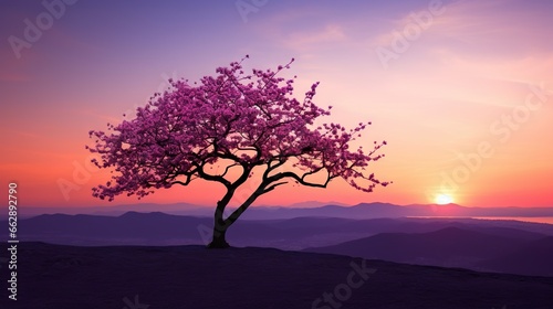  a tree with purple flowers in the foreground and a sunset in the background. generative ai