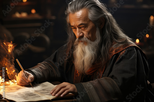A Confucian scholar teaching the wisdom of Confucius, emphasizing ethics, filial piety, and social harmony. Concept of moral philosophy. Generative Ai.