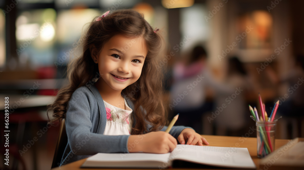 Little preschooler sits at a desk with a pencil in his hand and learns to write in class Little preschooler sits at a desk with a pencil in his hand and learns to write in class