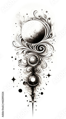 A Unique Tattoo Design, Marrying Tribal and Polka Trash Styles, with a Cosmic Spiral of Galaxies Interwoven with Tribal Lines and Geometric Patterns. Celestial Objects Collide