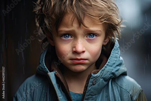  young boy with blue eyes and tousled hair standing in the rain. He is wearing a raincoat and looking directly at the camera with a sad expression, evoking feelings of empathy and sorrow