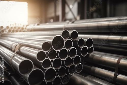 Closeup of metal pipes bundle in manufacturing plant. Generative AI