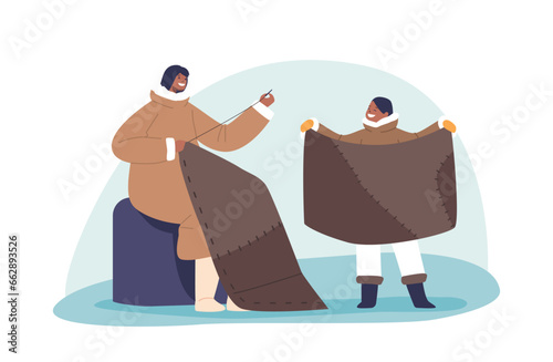 Skilled Eskimo Characters Sew Garments From Animal Hides, Utilizing Needles And Threads To Create Warm Functional Attire