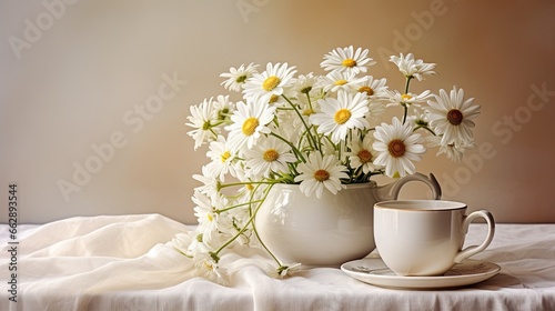  a vase of daisies and a cup on a table.  generative ai