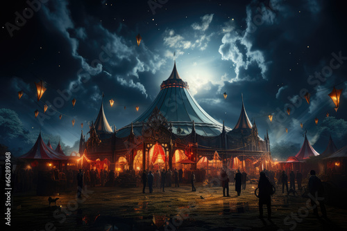 A surreal circus tent with acrobats performing gravity-defying stunts under a starry sky, creating a dreamlike atmosphere. Concept of whimsical entertainment. Generative Ai.
