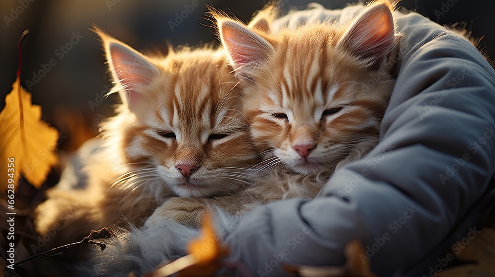two orange kittens cuddle together in a pile of leaves. generative ai two orange kittens cuddle together in a pile of leaves. generative ai
