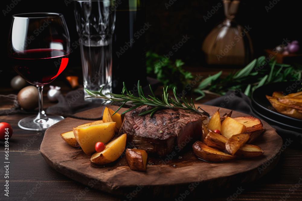 Delicious fillet steak, fried potatoes and a glass of red wine served on a wooden table