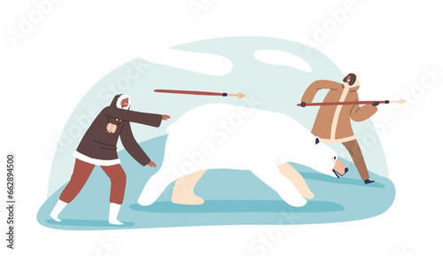 Eskimo Hunter Characters, Indigenous To The Arctic, Hunt Polar Bears For Subsistence. They Use Teamwork, And Harpoons