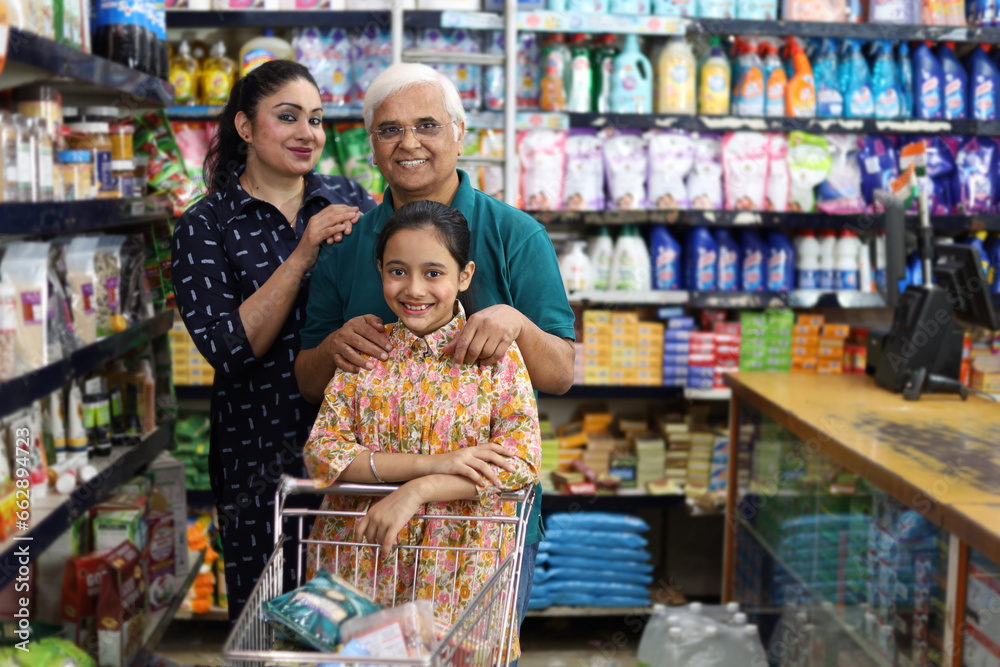 Happy Grandpa and Grand Daughters enjoying purchasing in grocery store. Buying grocery for home in hypermarket. Grand daughter and daughter in law.
