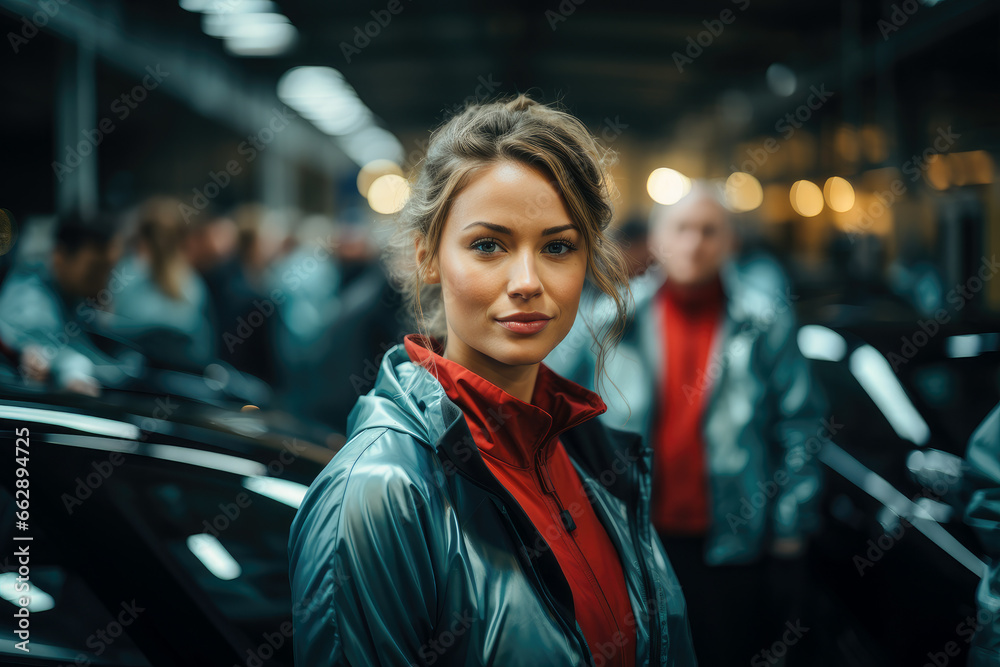 Confident young female engineer in blue jacket at a modern automotive industry.
