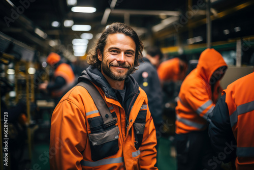 Cheerful factory worker in orange safety vest smiling amidst machinery and busy industrial environment. photo