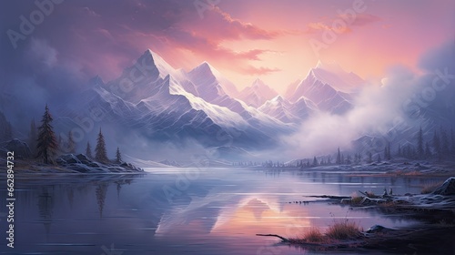  a painting of a mountain lake with a sunset in the background.  generative ai