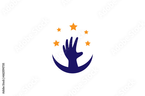 Hand reaching for dream stars logo design in flat style