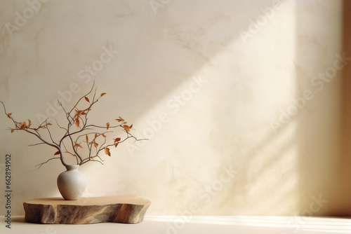 Universal beige background with belts and vases. Boho style. Eco concept. Copy space.