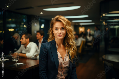 Confident blonde businesswoman in elegant attire, socializing in a modern business setting. photo