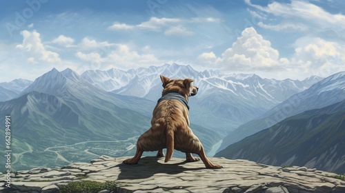  a painting of a dog sitting on top of a mountain. generative ai