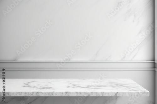 Empty white marble tabletop with white ceramic tile wall background  Mock up banner advertising for product showcase or montage  Modern elegance. Generative AI