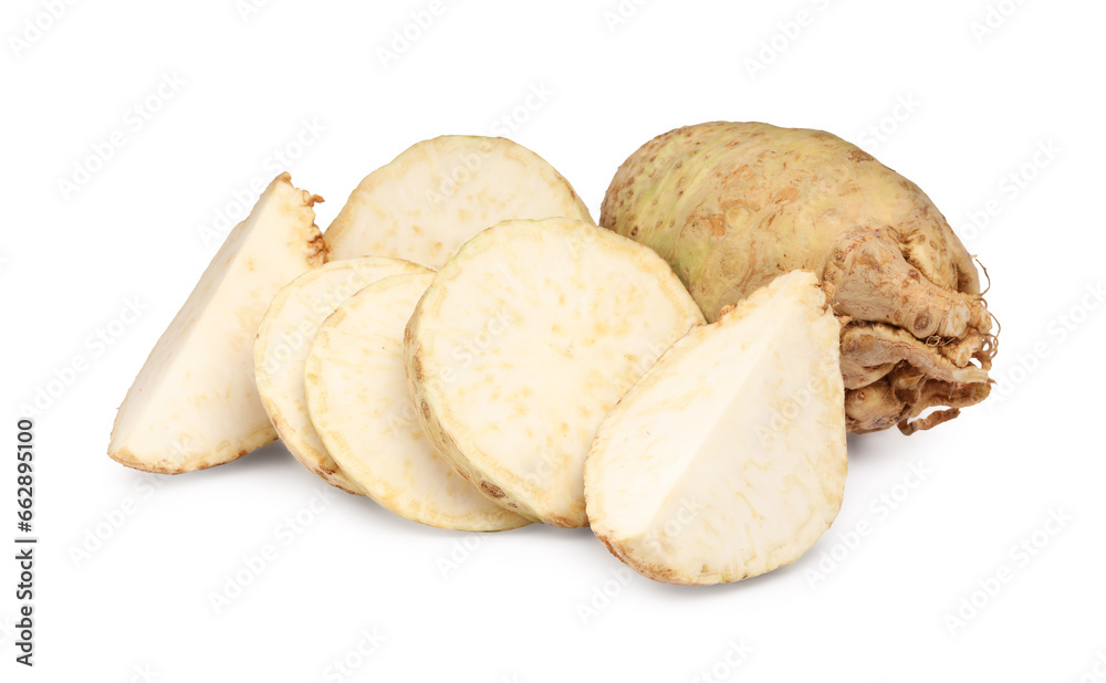 Whole and cut celery roots isolated on white Whole and cut celery roots isolated on white