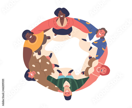 People Hugging Top View. Group Of Characters Forms A Tight Circle, Embracing One Another Vector Illustration
